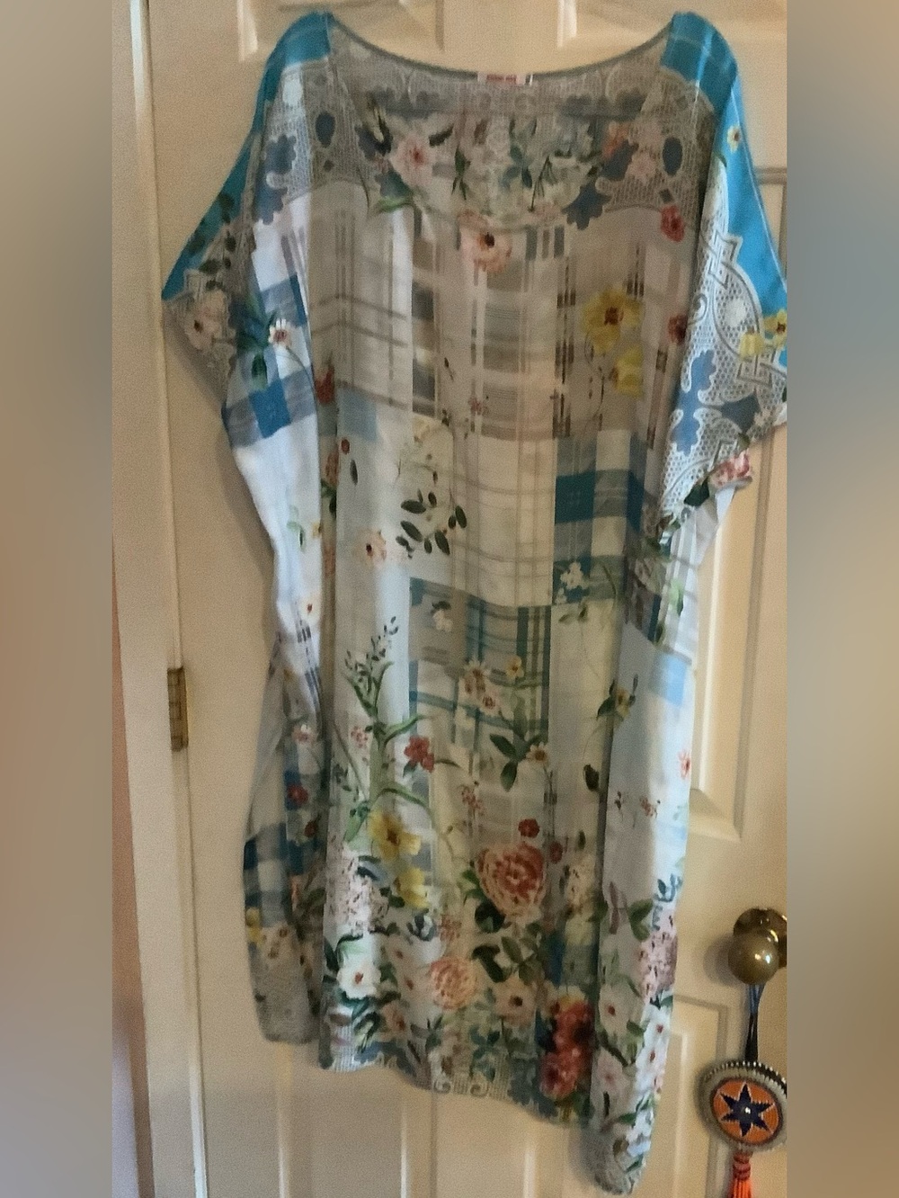 Johnny Was Silk Floral Plaid Long Tunic, Size XXL, Vintage